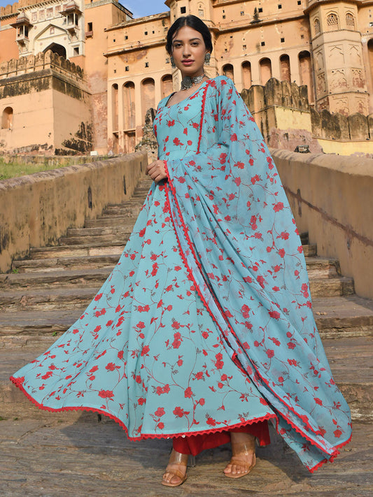 Janasya Women's Sea Green Georgette Floral Print Kurta With Flared Palazzo And Dupatta