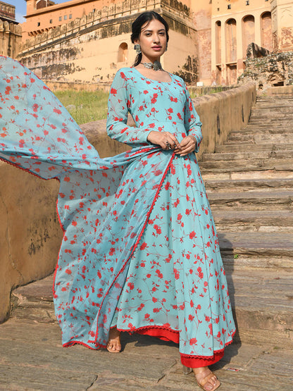 Janasya Women's Sea Green Georgette Floral Print Kurta With Flared Palazzo And Dupatta