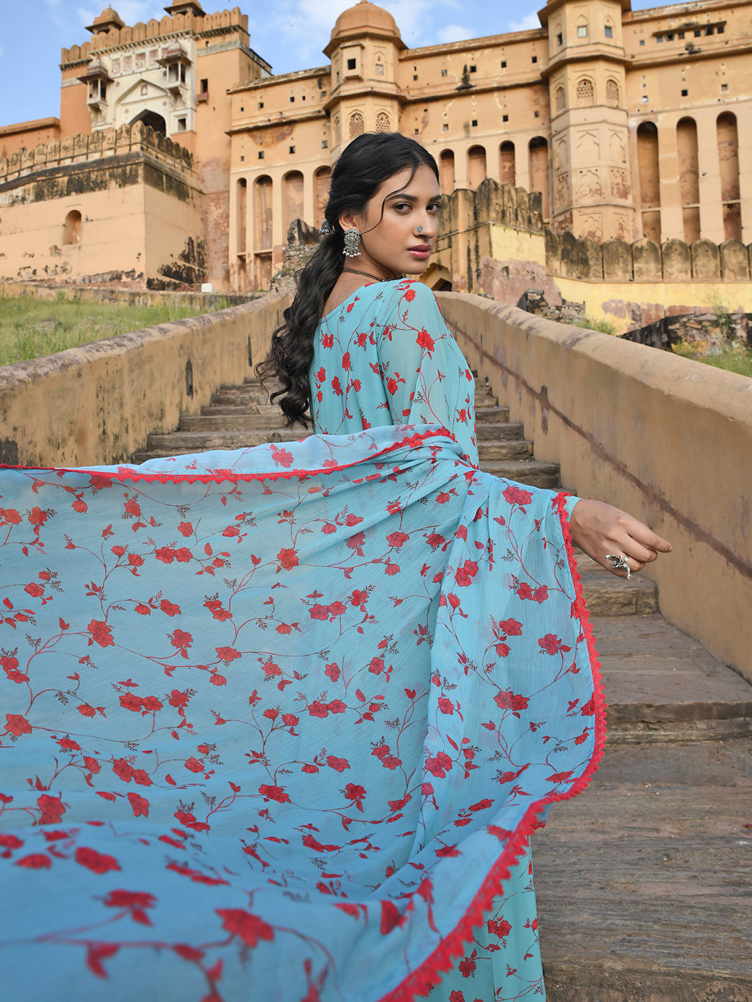 Janasya Women's Sea Green Georgette Floral Print Kurta With Flared Palazzo And Dupatta