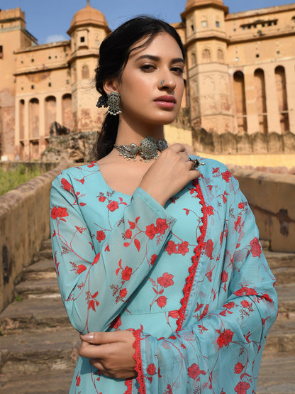 Janasya Women's Sea Green Georgette Floral Print Kurta With Flared Palazzo And Dupatta