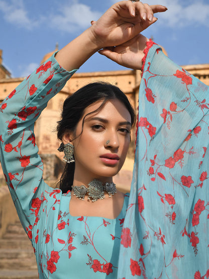 Janasya Women's Sea Green Georgette Floral Print Kurta With Flared Palazzo And Dupatta