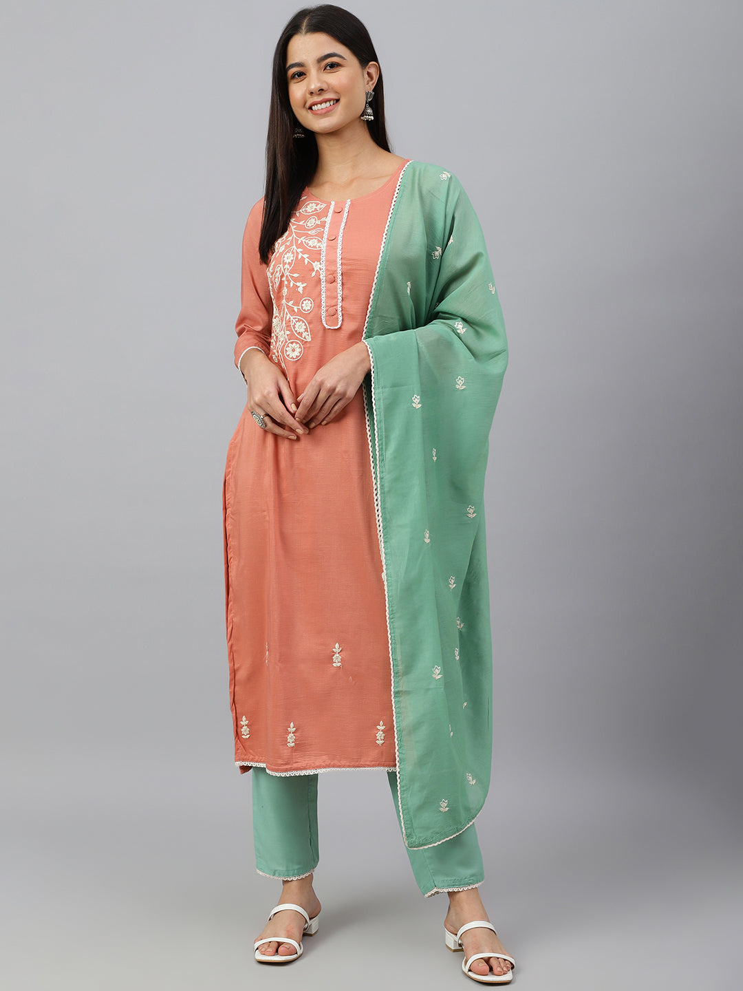 Janasya Women's Coral Poly Silk Floral Embroidery Kurta With Pant And Dupatta
