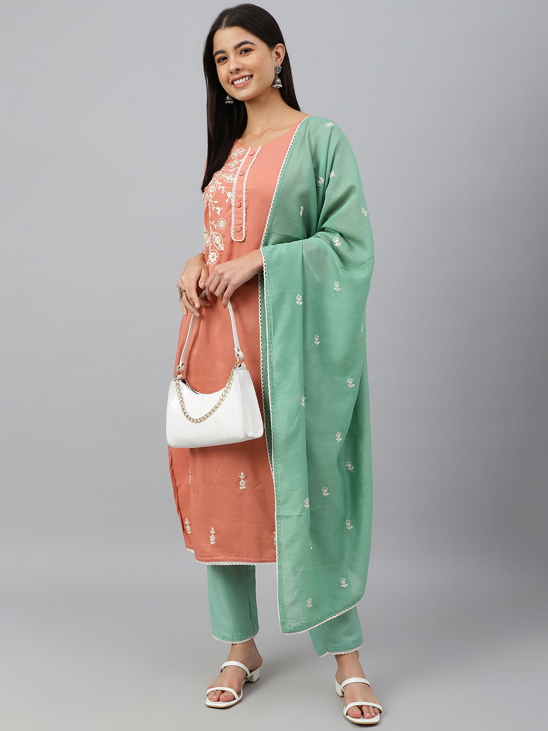 Janasya Women's Coral Poly Silk Floral Embroidery Kurta With Pant And Dupatta