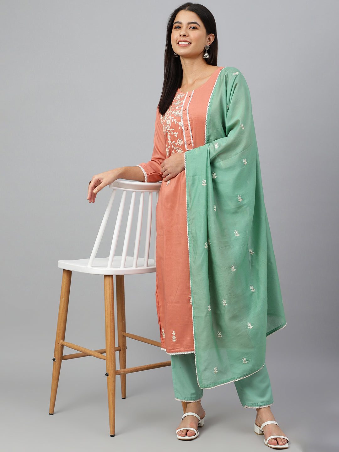 Janasya Women's Coral Poly Silk Floral Embroidery Kurta With Pant And Dupatta