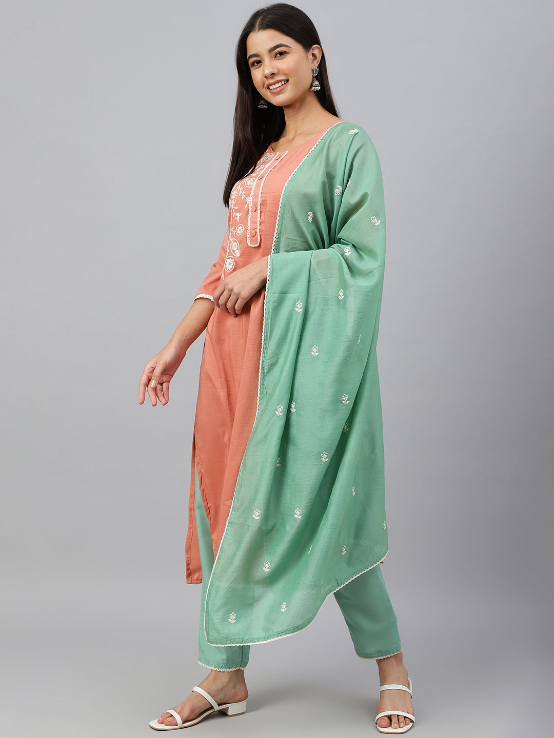 Janasya Women's Coral Poly Silk Floral Embroidery Kurta With Pant And Dupatta
