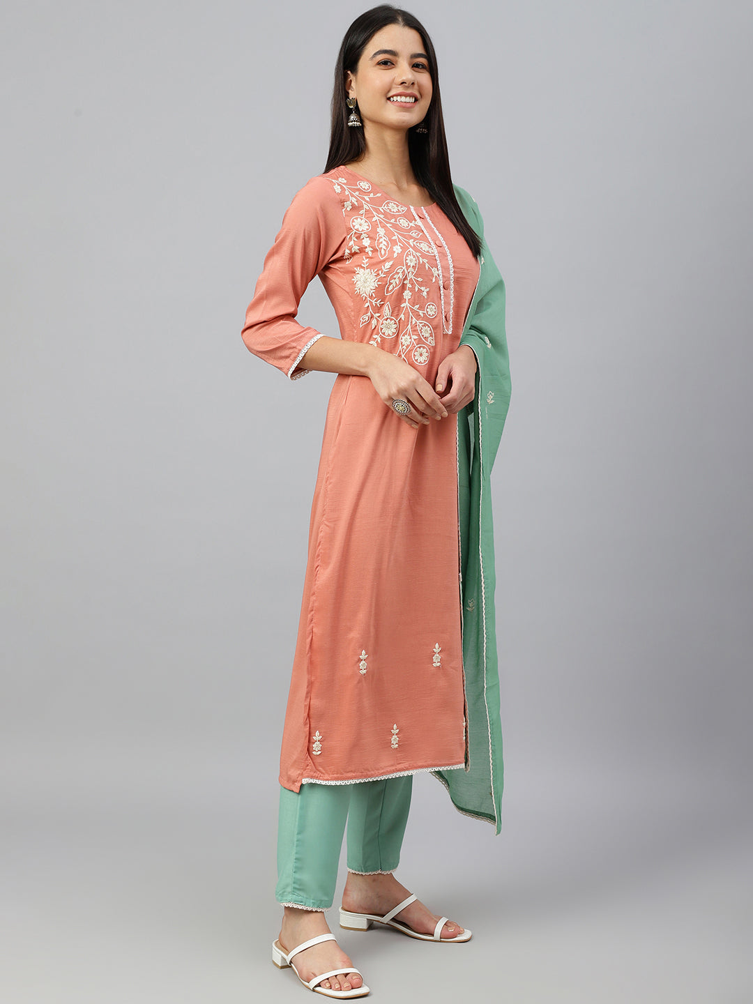 Janasya Women's Coral Poly Silk Floral Embroidery Kurta With Pant And Dupatta