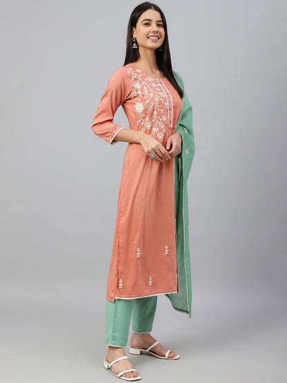 Janasya Women's Coral Poly Silk Floral Embroidery Kurta With Pant And Dupatta