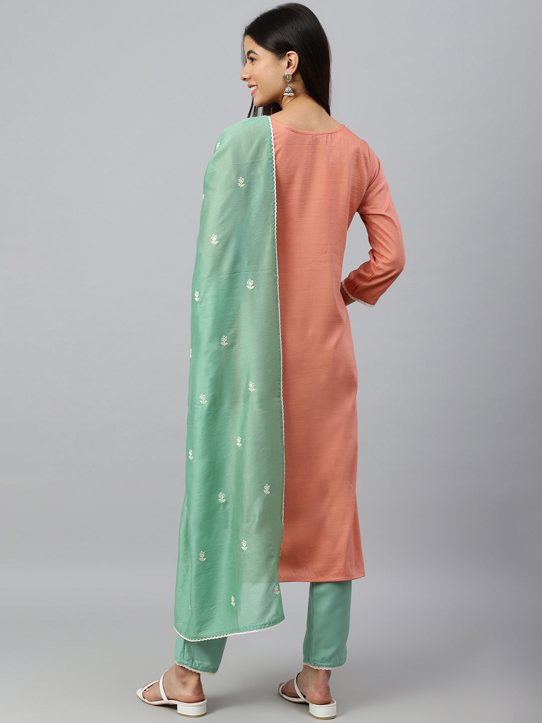 Janasya Women's Coral Poly Silk Floral Embroidery Kurta With Pant And Dupatta