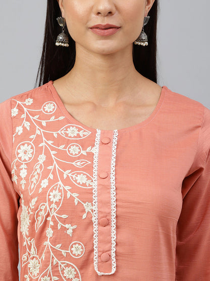 Janasya Women's Coral Poly Silk Floral Embroidery Kurta With Pant And Dupatta