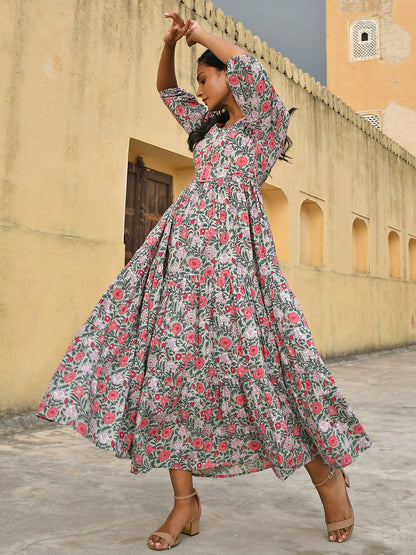 Janasya Women's Pastel Green Cotton Floral Print Tiered Western Dress