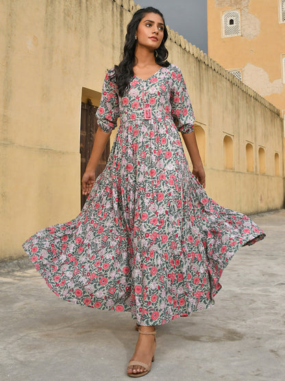 Janasya Women's Pastel Green Cotton Floral Print Tiered Western Dress