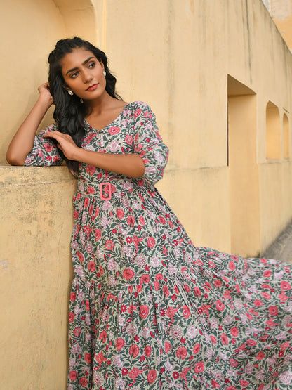 Janasya Women's Pastel Green Cotton Floral Print Tiered Western Dress