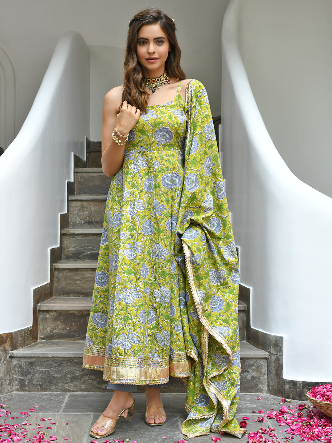Janasya Women's Mustard Cotton Printed Kurta With Pant And Dupatta