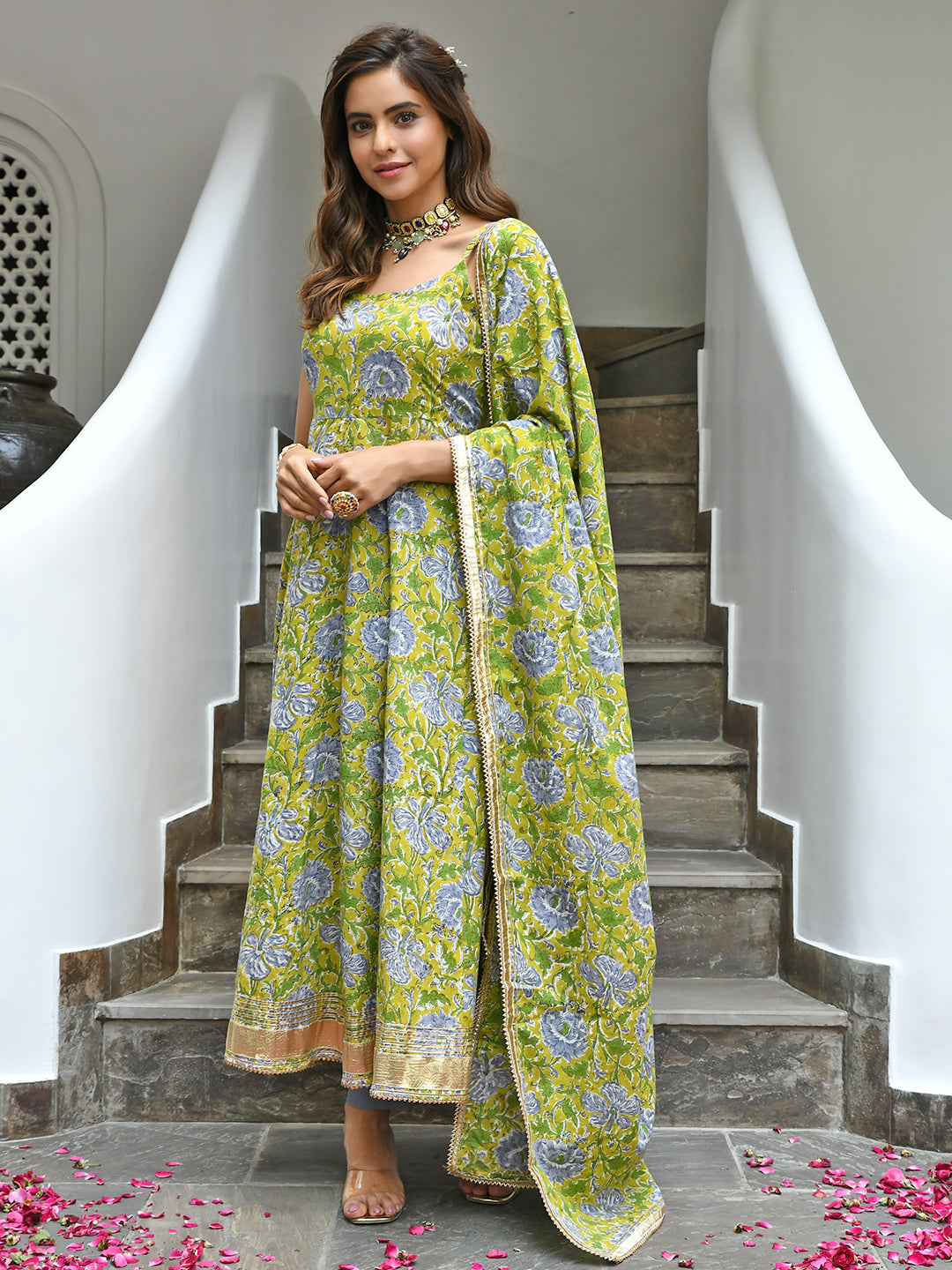 Janasya Women's Mustard Cotton Printed Kurta With Pant And Dupatta
