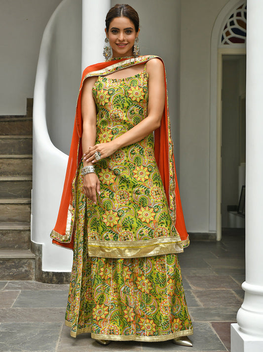 Janasya Women's Green Cotton Floral Block Print Kurta With Palazzo And Dupatta