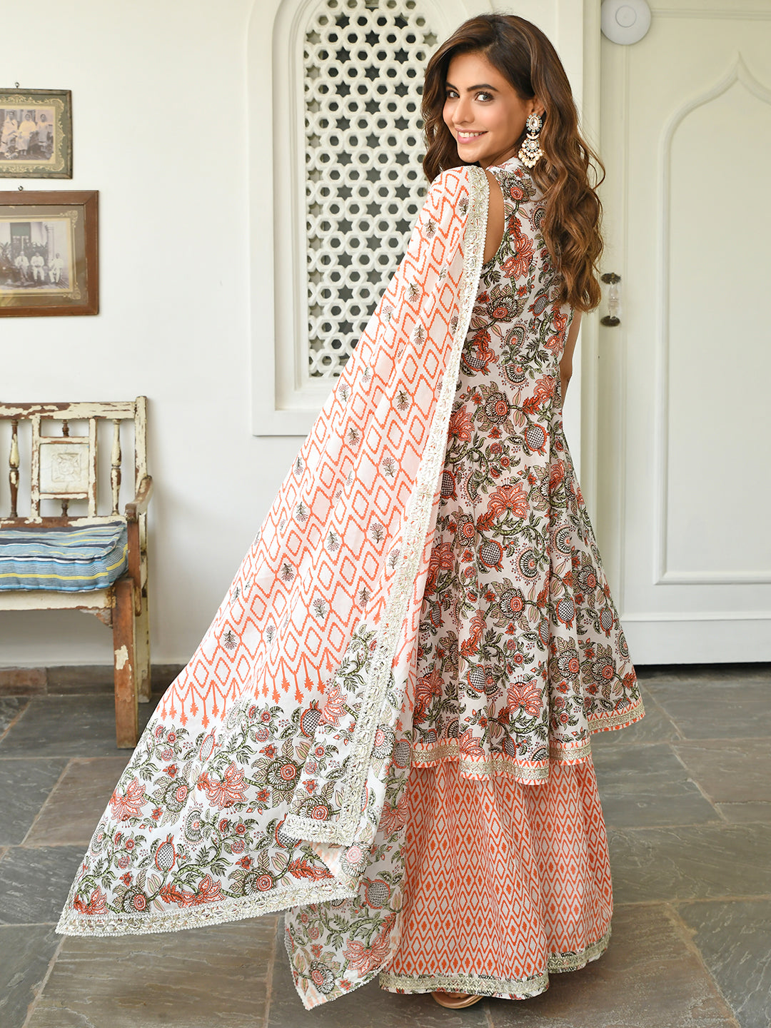 Janasya Women's White Cotton Floral Block Print Kurta With Sharara And Dupatta