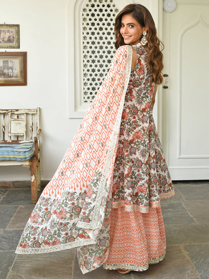 Janasya Women's White Cotton Floral Block Print Kurta With Sharara And Dupatta