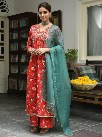 Janasya Women's Red Cotton Floral Block Print Kurta With Palazzo And Dupatta
