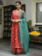Janasya Women's Red Cotton Floral Block Print Kurta With Palazzo And Dupatta