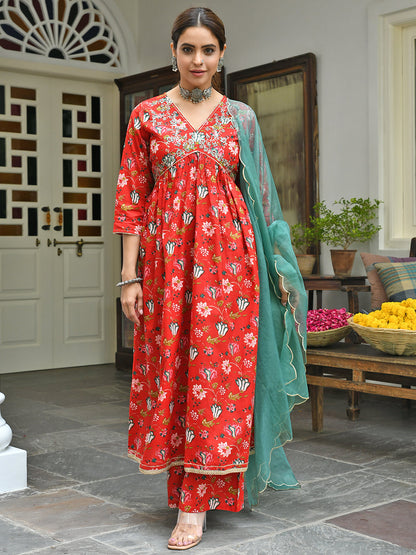 Janasya Women's Red Cotton Floral Block Print Kurta With Palazzo And Dupatta