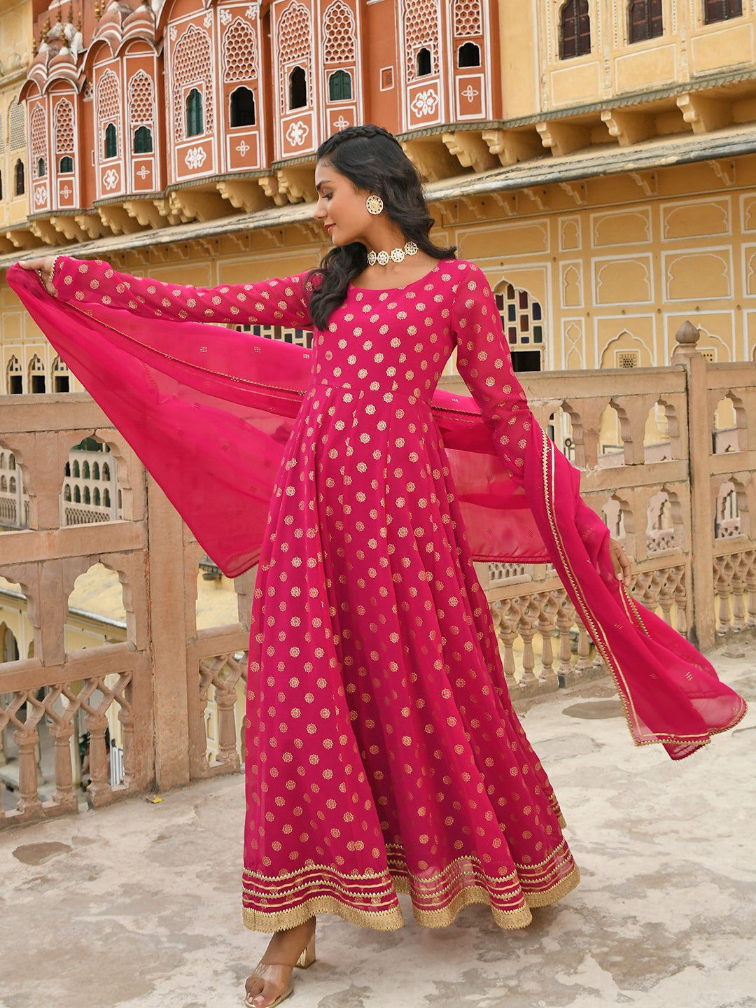 Janasya Women's Bright Pink Georgette Foil Print Kurta With Dupatta