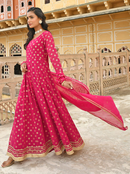 Janasya Women's Bright Pink Georgette Foil Print Kurta With Dupatta