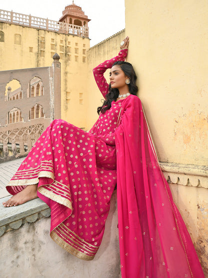 Janasya Women's Bright Pink Georgette Foil Print Kurta With Dupatta