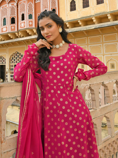 Janasya Women's Bright Pink Georgette Foil Print Kurta With Dupatta