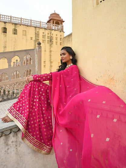Janasya Women's Bright Pink Georgette Foil Print Kurta With Dupatta