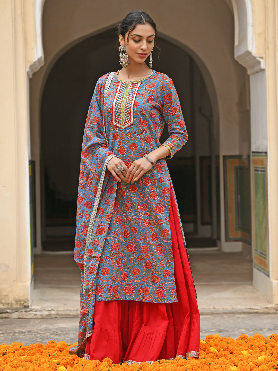 Janasya Women's Sky Blue Cotton Floral Block Print Kurta With Gharara And Dupatta