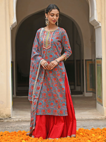 Janasya Women's Sky Blue Cotton Floral Block Print Kurta With Gharara And Dupatta