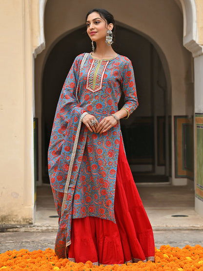 Janasya Women's Sky Blue Cotton Floral Block Print Kurta With Gharara And Dupatta