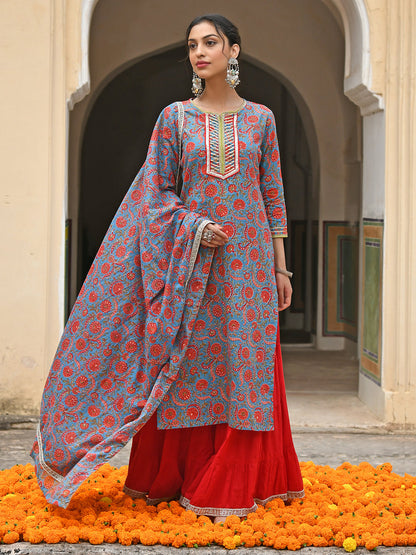 Janasya Women's Sky Blue Cotton Floral Block Print Kurta With Gharara And Dupatta