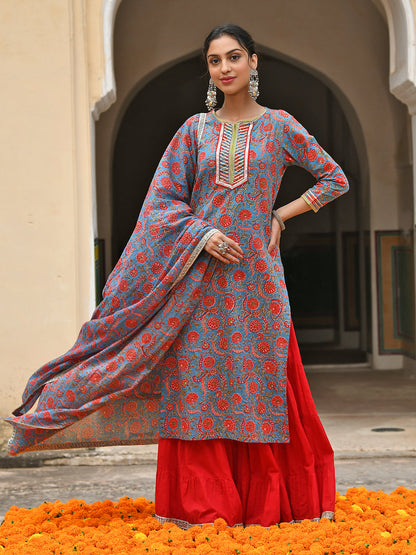 Janasya Women's Sky Blue Cotton Floral Block Print Kurta With Gharara And Dupatta