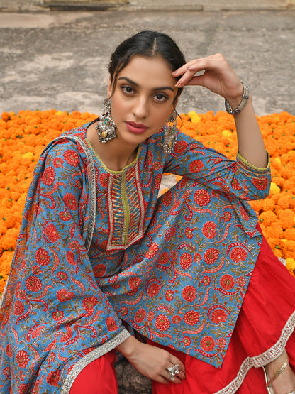 Janasya Women's Sky Blue Cotton Floral Block Print Kurta With Gharara And Dupatta