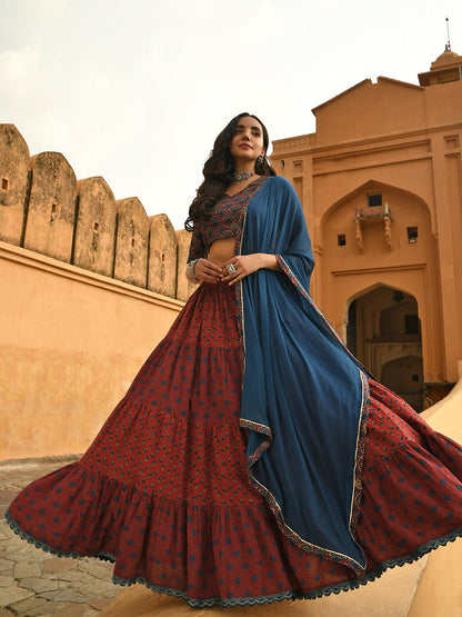 Janasya Women's Maroon Cotton Block Print Lehenga Choli With Dupatta