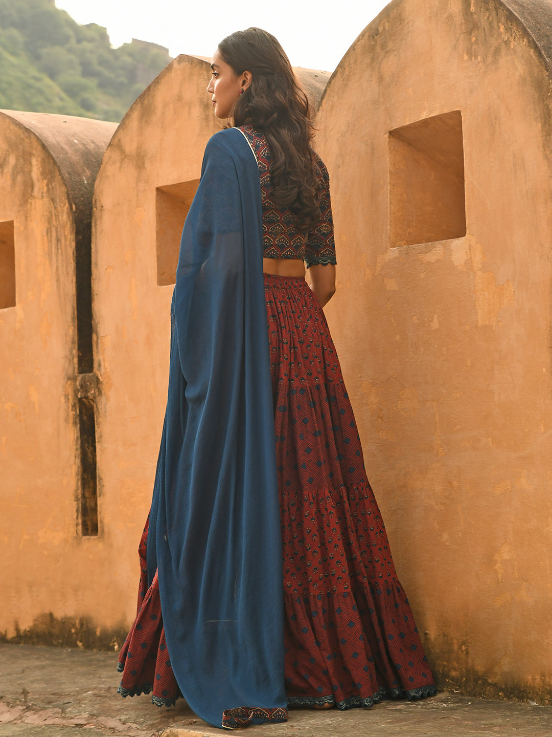 Janasya Women's Maroon Cotton Block Print Lehenga Choli With Dupatta