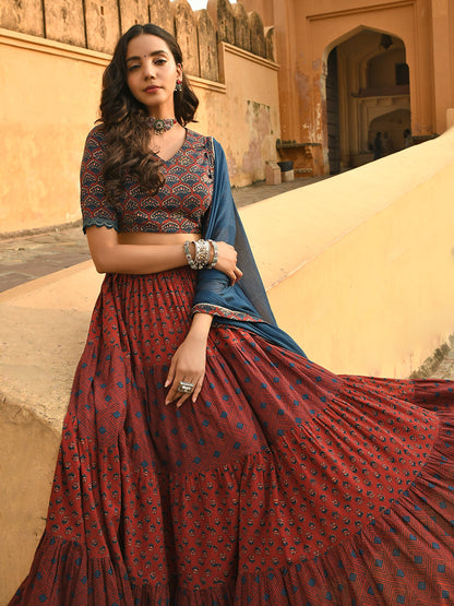 Janasya Women's Maroon Cotton Block Print Lehenga Choli With Dupatta