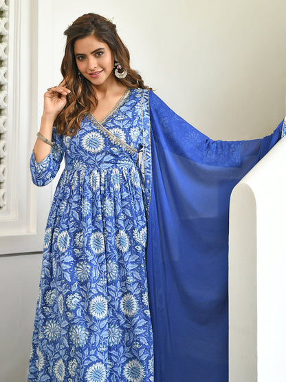 Janasya Women's Blue Cotton Floral Block Print Kurta With Flared Palazzo And Dupatta