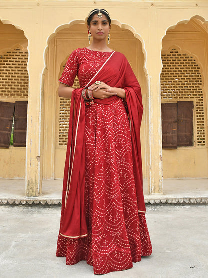 Janasya Women's Maroon Rayon Ethnic Motifs Foil Print Lehenga Choli With Dupatta