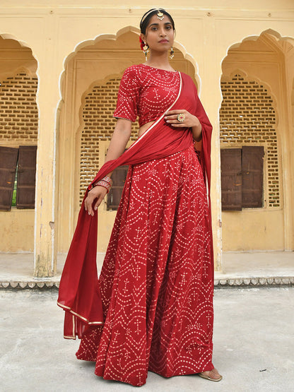 Janasya Women's Maroon Rayon Ethnic Motifs Foil Print Lehenga Choli With Dupatta
