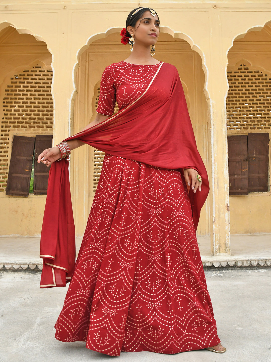 Janasya Women's Maroon Rayon Ethnic Motifs Foil Print Lehenga Choli With Dupatta