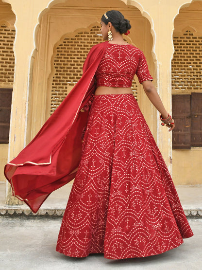 Janasya Women's Maroon Rayon Ethnic Motifs Foil Print Lehenga Choli With Dupatta