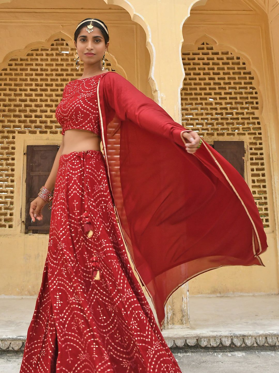 Janasya Women's Maroon Rayon Ethnic Motifs Foil Print Lehenga Choli With Dupatta