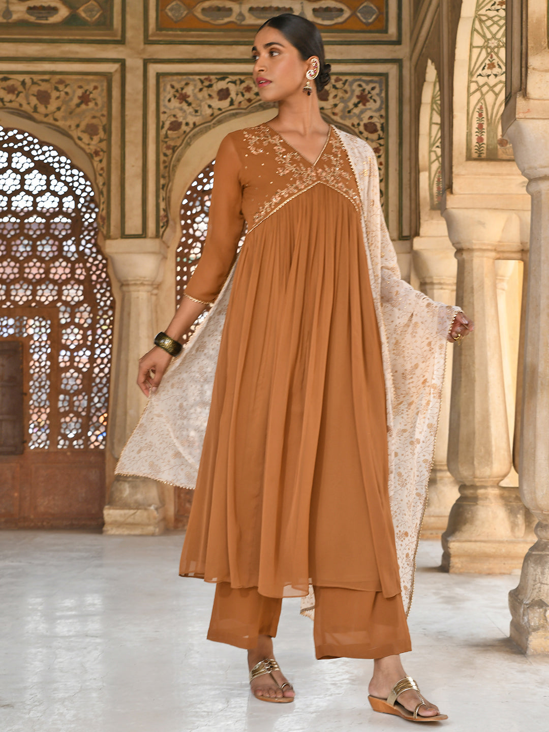 Janasya Women's Brown Georgette Floral Embroidery Kurta With Palazzo And Dupatta