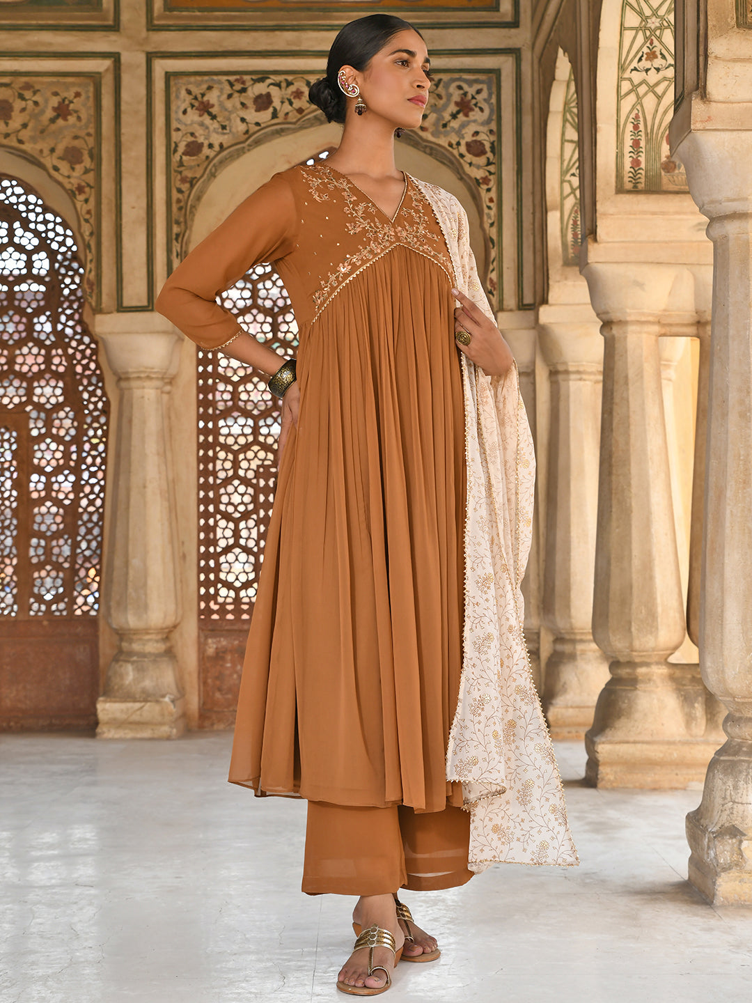 Janasya Women's Brown Georgette Floral Embroidery Kurta With Palazzo And Dupatta
