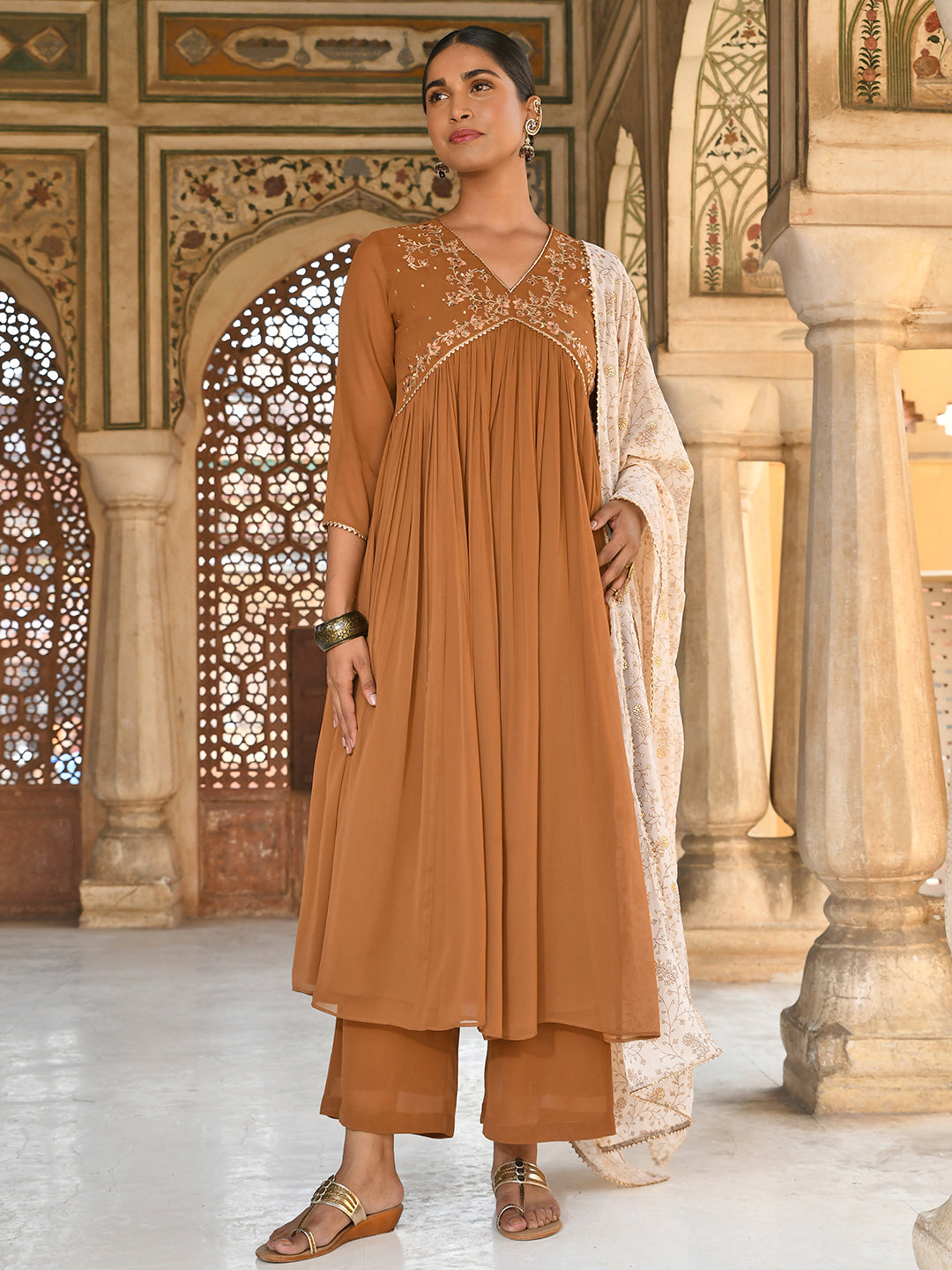 Janasya Women's Brown Georgette Floral Embroidery Kurta With Palazzo And Dupatta