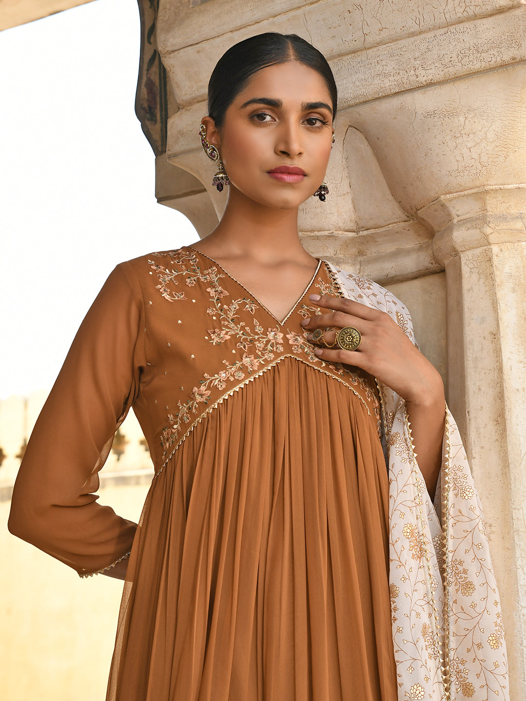 Janasya Women's Brown Georgette Floral Embroidery Kurta With Palazzo And Dupatta