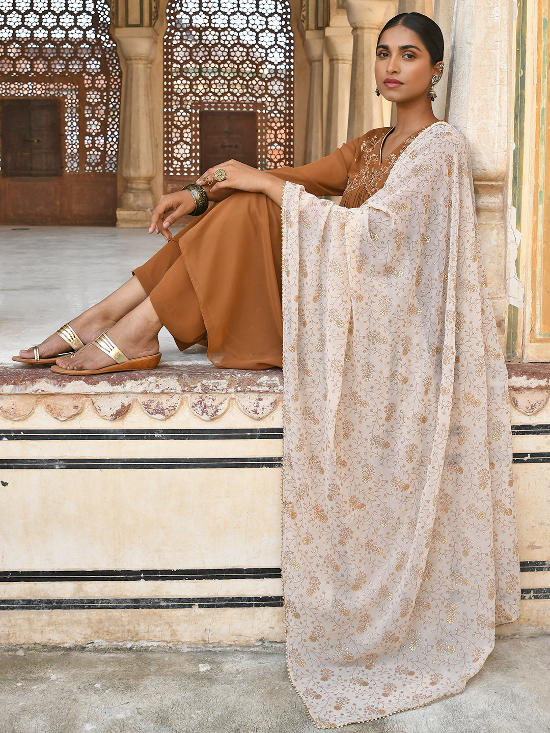 Janasya Women's Brown Georgette Floral Embroidery Kurta With Palazzo And Dupatta