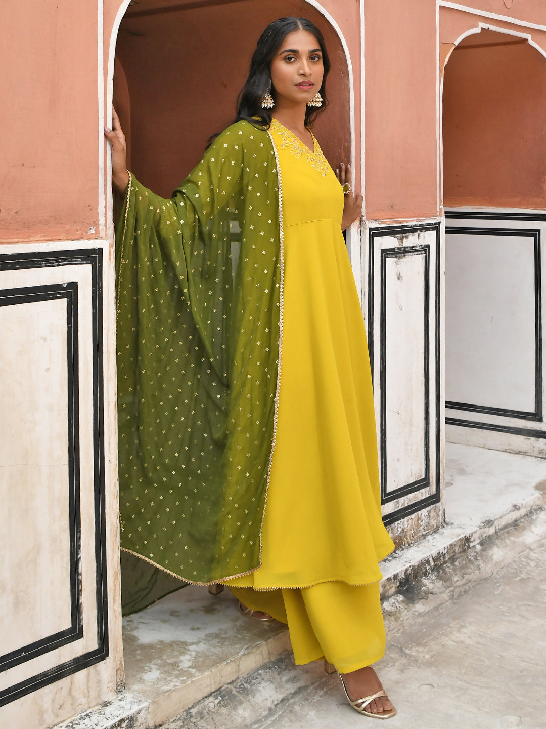 Janasya Women's Yellow Georgette Solid Kurta With Palazzo And Dupatta